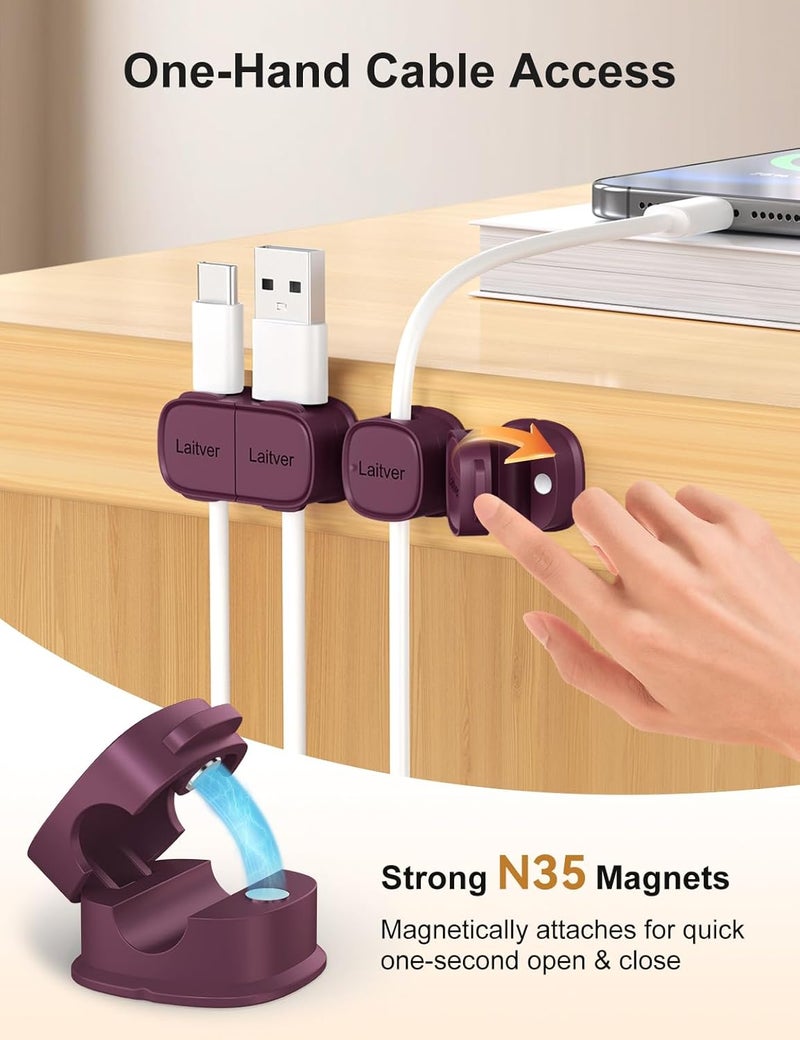 Laitver 6 Pack Magnetic Cable Clips [1s Open/Lock], Cord Organizer Holder Strong Adhesive Desk Cable Management- Organize Charging Cords Neatly for Home, Office, Car,Desk, Nightstand-Dark Purple - Image 4